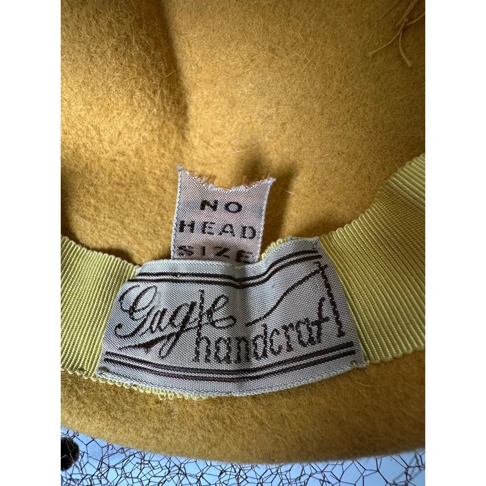 Vintage 1940s Tilt Hat Mustard Yellow Felt Brown Velvet Leaves Eagle Handcraft